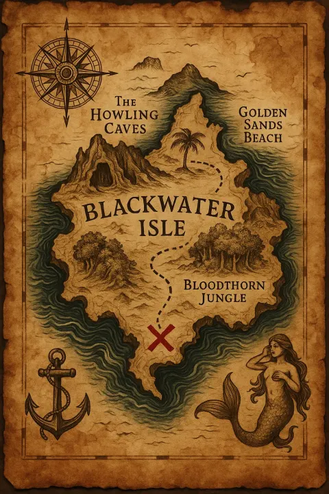 Detailed Treasure Map with an Aged Parchment Background Featuring Creases