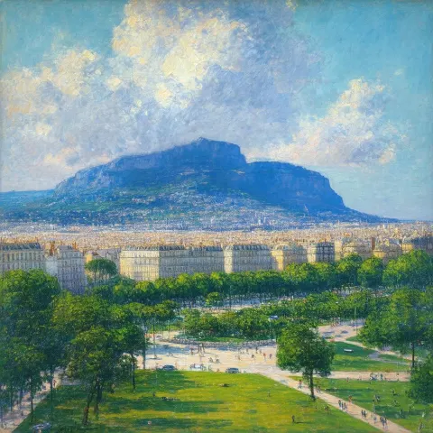 Impressionist French Coastal City With Park and Mountain