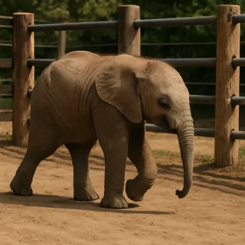 Young Elephant Walks on Dirt Inside an Enclosure with Wooden