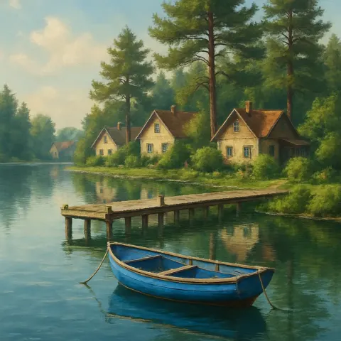 Serene Blue Boat Floats Peacefully on Tranquil Waters