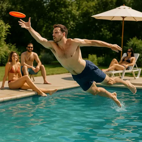 Man Jumping into a Pool to Catch a Frisbee