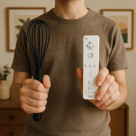Person Holding a Black Whisk in One Hand