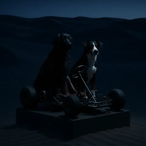 Go-kart Carrying a Flat-coated Retriever