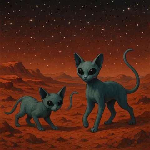 Two Alien Cat-like Beings Roam Across a Crimson Martian Terrain