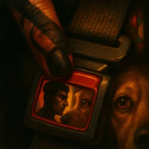Villain's War-painted Fingertip Presses a Seatbelt's Bold Red Metallic Button