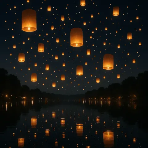 Multitude of Paper Lanterns Drifts Skyward over a Serene Lake