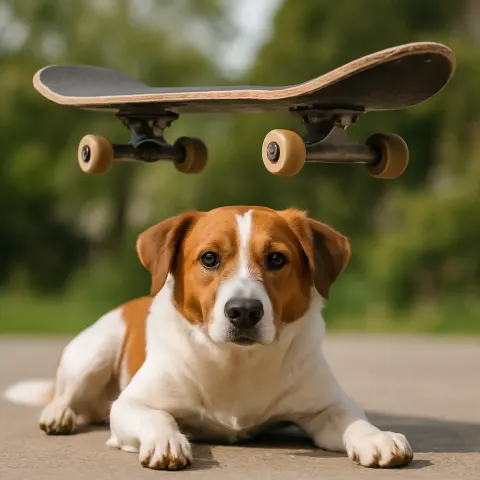 Picture of a Dog Resting Below a Skateboard