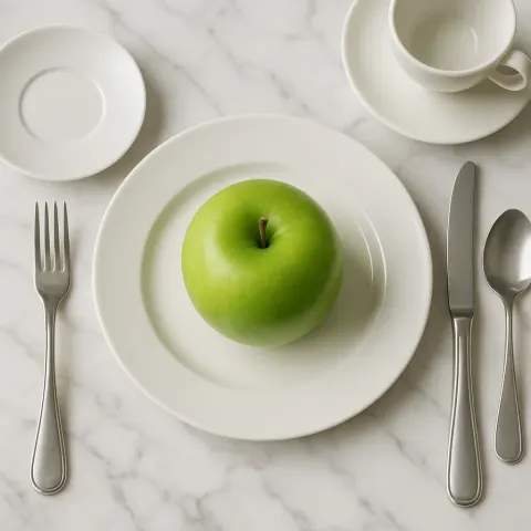 Green Apple on a White Plate Surrounded by Cutlery