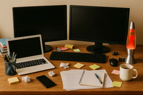 Cluttered Wooden Desk Setup with Two Monitors