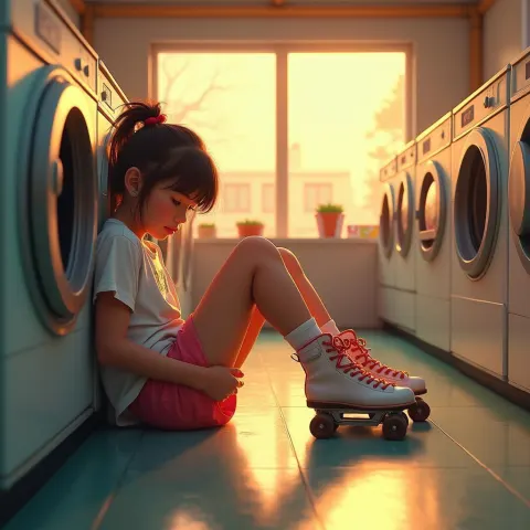 Roller Blade Girl Resting in a Nostalgic Laundromat
