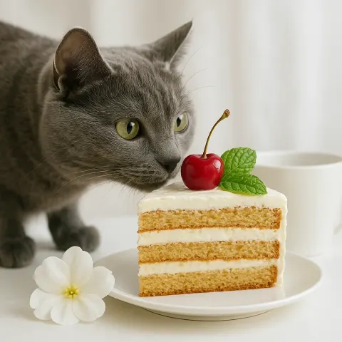 Curious Gray Cat Sniffing a Slice of Layered Cake