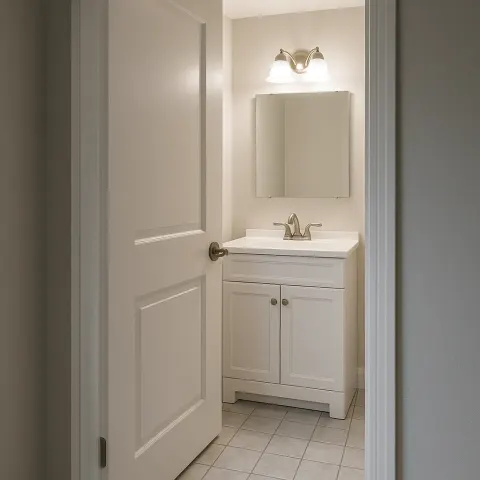 Partially Open Door Revealing a Small Bathroom