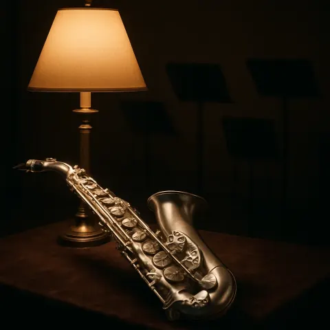 Polished Silver Saxophone Rests Softly Atop a Table