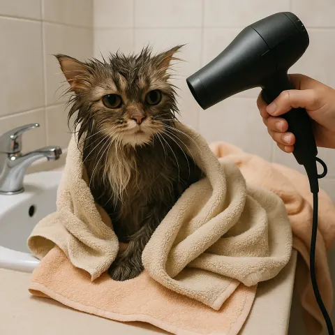 Wet Cat Being Dried with a Hairdryer While Surrounded