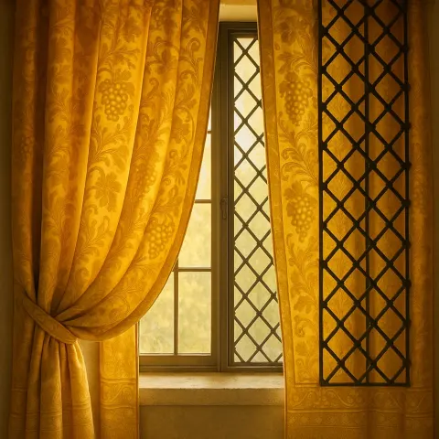 Window with Bright Yellow Curtains Featuring Ornate Patterns