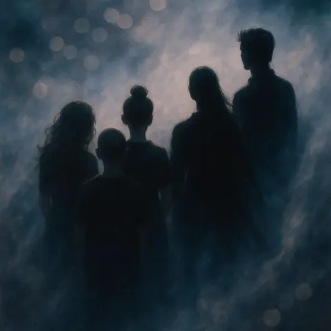 Five Figures Cluster Off-center on Flowing Ethereal Smoke
