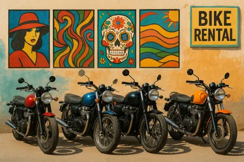 Row of Motorcycles Parked in Front of a Wall Displaying