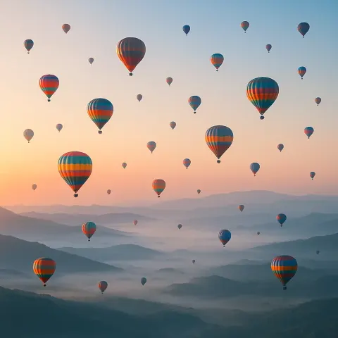 Dozens of Colorful Hot Air Balloons Drift Serenely