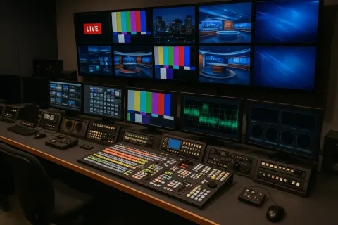 Television Production Control Room with Multiple Screens