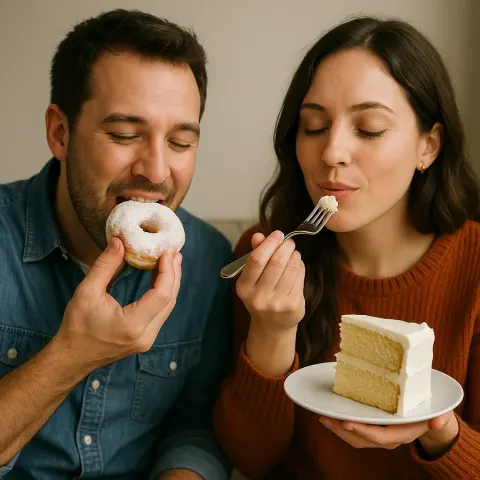 Woman Relishing a Piece of Vanilla Cake and a Man