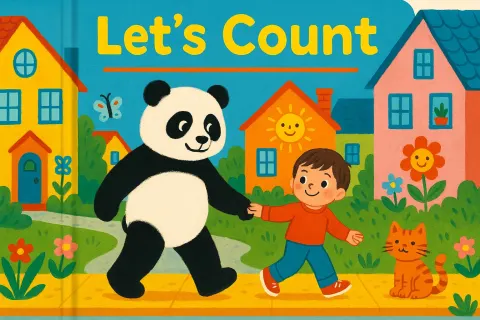 Panda Walks Hand-in-hand with a Child in a Colorful Neighborhood