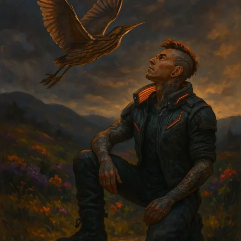 Tattooed Cyberpunk Hero in Heavy Boots Looks Skyward Hopefully