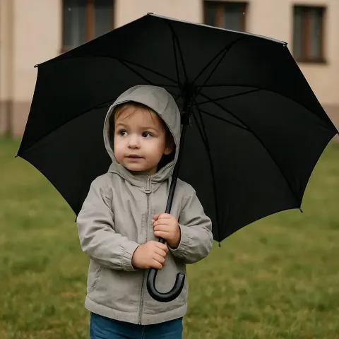 Young Child Stands Outside Holding a Large Black Umbrella