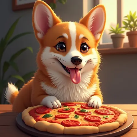 Glossy Digital Corgi Guarding a Fresh Pizza