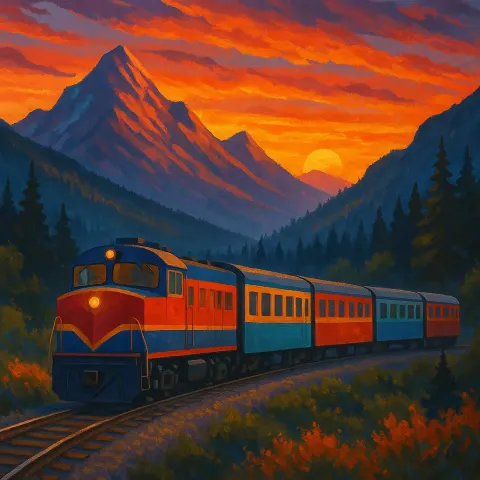 Vibrant Passenger Train Traveling Through a Mountainous Region During Sunset