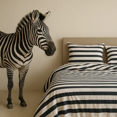 Zebra Positioned Next to a Bed That Has Sheets