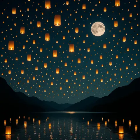 Thousands of Shimmering Paper Lanterns Float Skyward Above a Serene