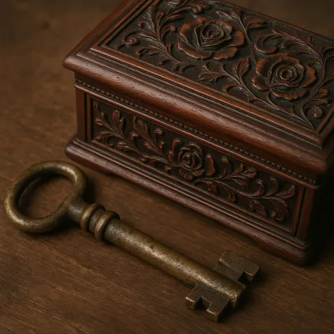 Weathered Brass Key Lying Next to a Mahogany Jewelry Box