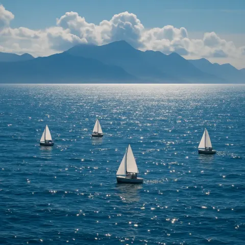 Several Tiny Sailboats Glide Across the Immense