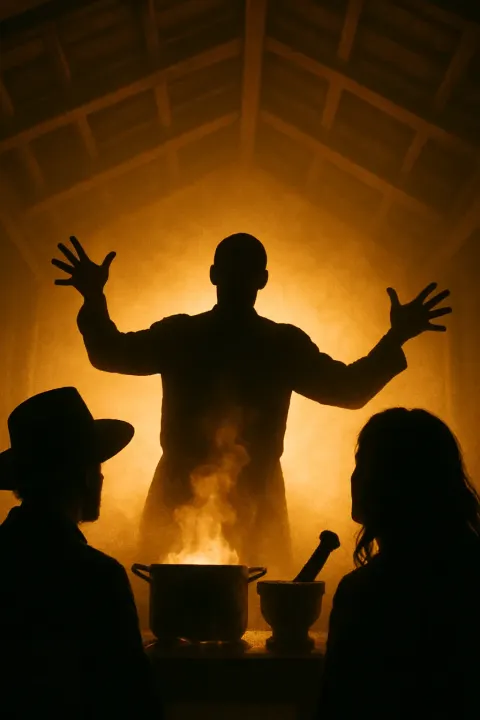 Orator's Silhouetted Gestures over a Gleaming Hot Pot