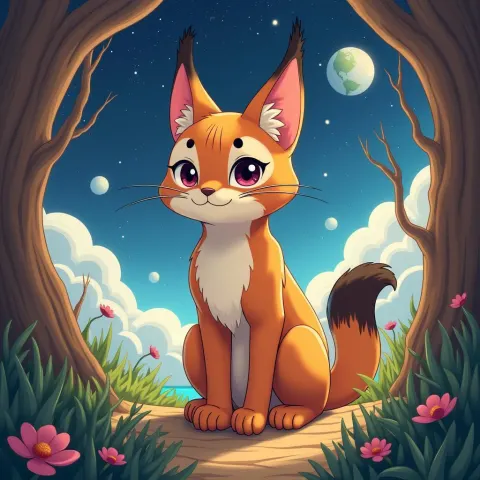 Cute Caracal in a Ghibli Style Space Fantasy