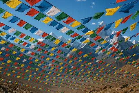 Myriad Colorful Prayer Flags Flutter Vigorously on Long Strings