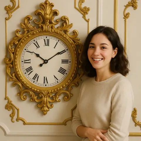 Cheerful Woman Stands Beside a Decorative Wall Clock