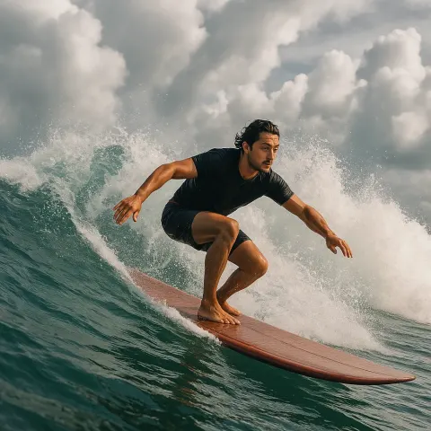 Surfer Riding a Wave on a Longboard with Water