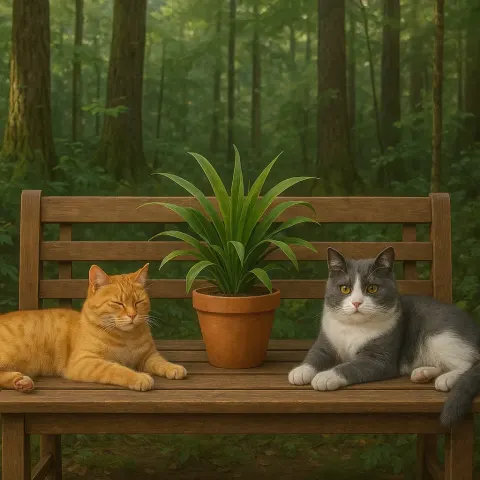 Two Cats Lounging on a Wooden Bench with a Potted