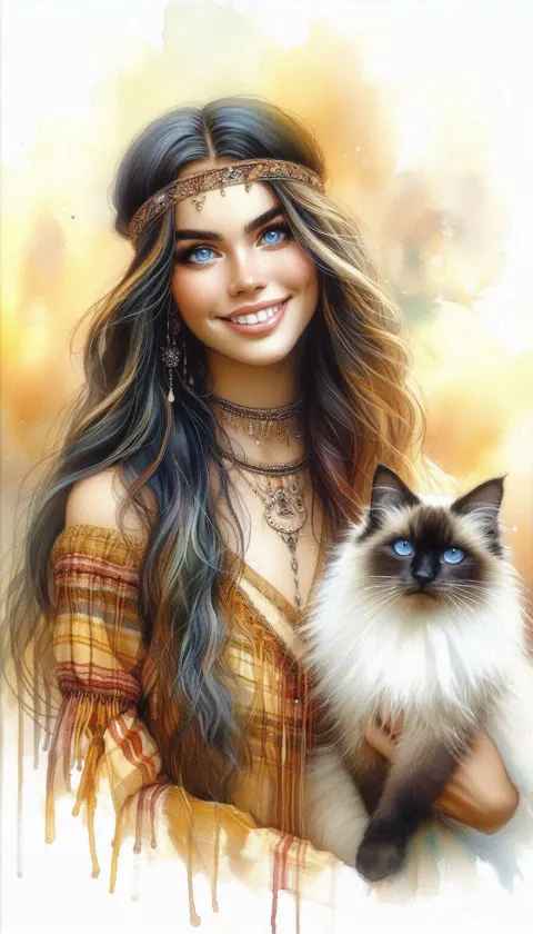 Smiling Girl with Siamese Cat Painting