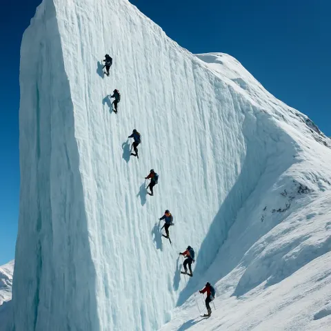 Handful of Distant Climbers Slowly Ascends a Colossal