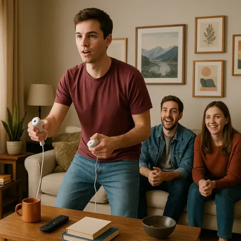 Person Stands in a Living Room Holding Wii Controllers