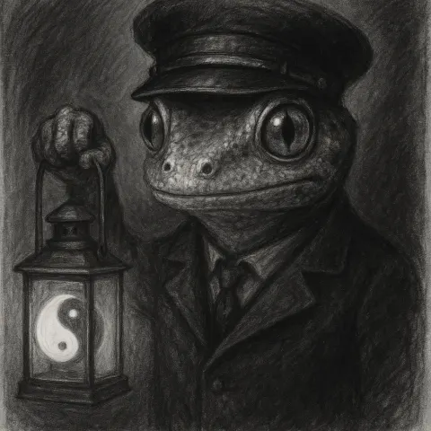 Charcoal Drawing of a Gecko Dressed as a Train Conductor