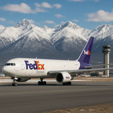 FedEx Express Cargo Airplane Parked on a Runway with Snowy