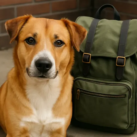 Detailed Photo Showing a Dog Beside a Green Backpack