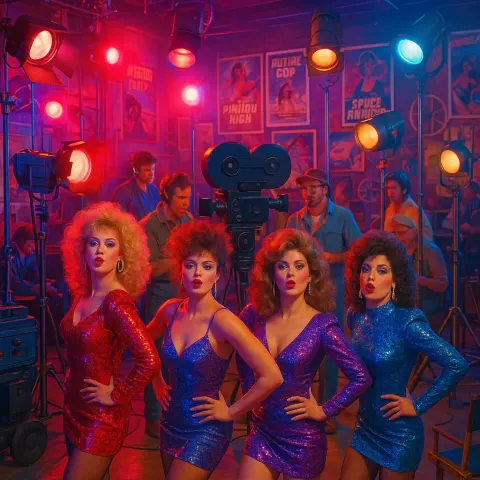 Lively Movie Set from the 1980s Shimmering under Vivid Strobe