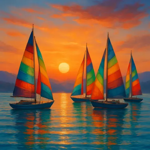 Four Colorful Sailboats Gracefully Drifting Across a Serene