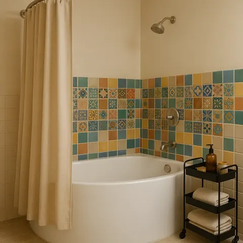 Bathroom with a Curved Bathtub Partially Covered by a Beige