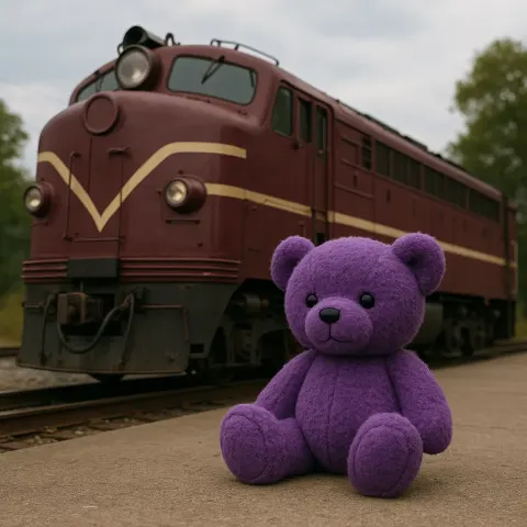 Locomotive in Maroon and a Teddy Bear Colored Violet