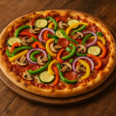 Vibrant Assortment of Vegetables and Flavorful Meat Covers a Pizza